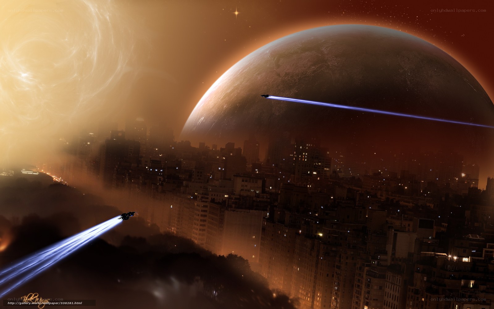 Futuristic city with alien planet