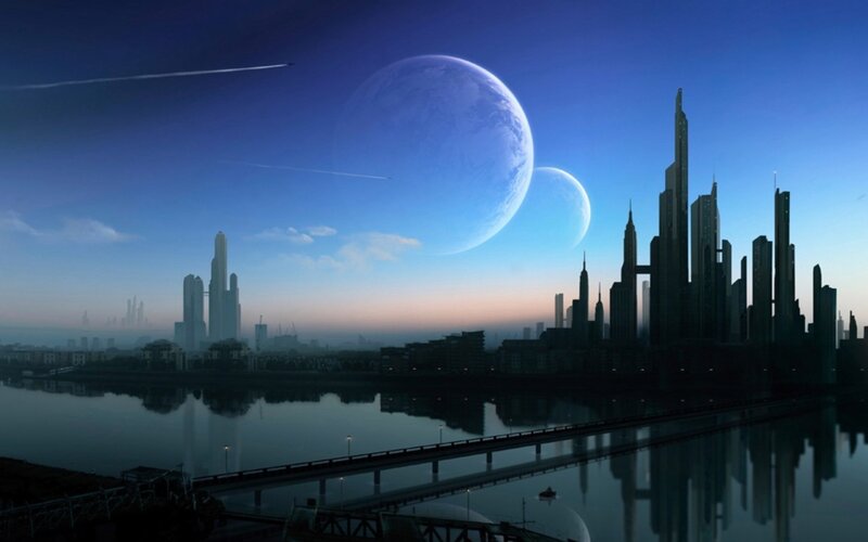 futuristic city with alien planets