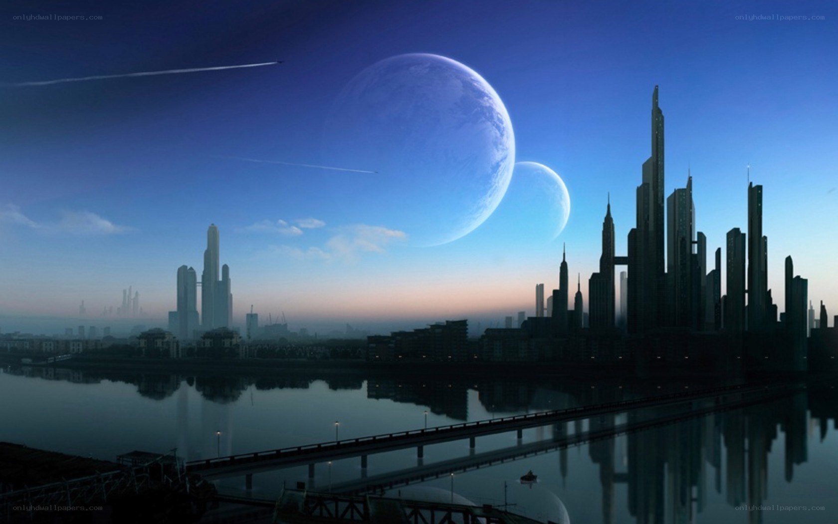 futuristic city with alien planets