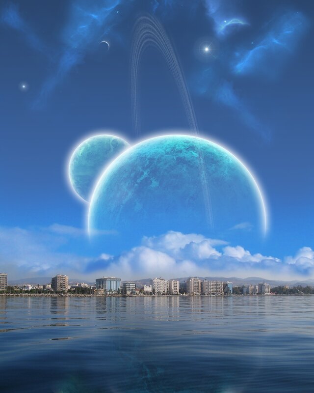 Futuristic city with alien planets