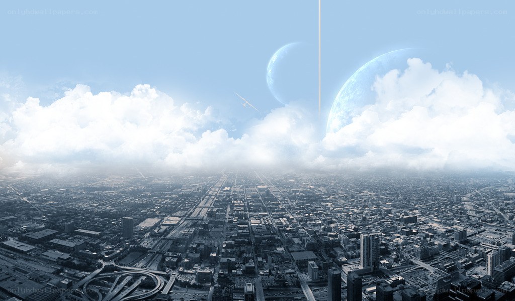 futuristic city with alien planets