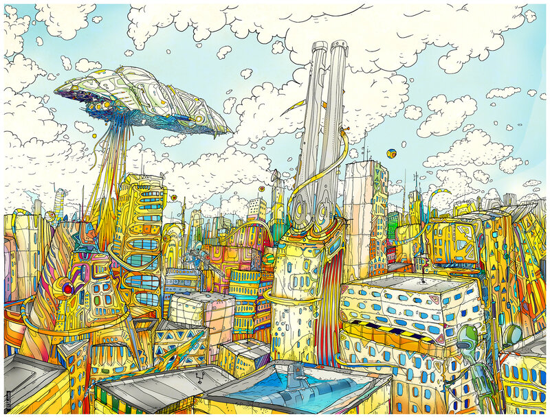 Futuristic city with alien ship