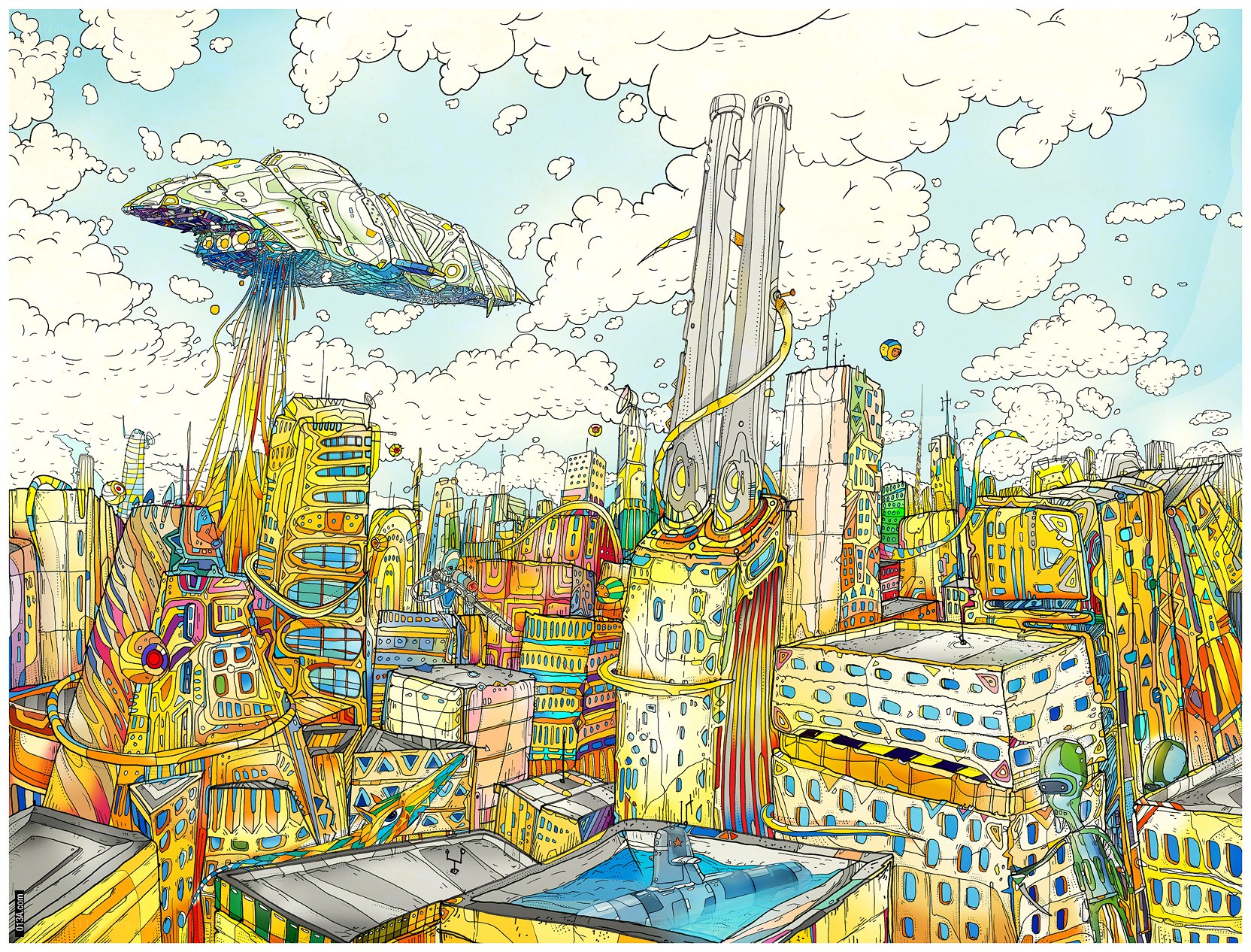 Futuristic city with alien ship