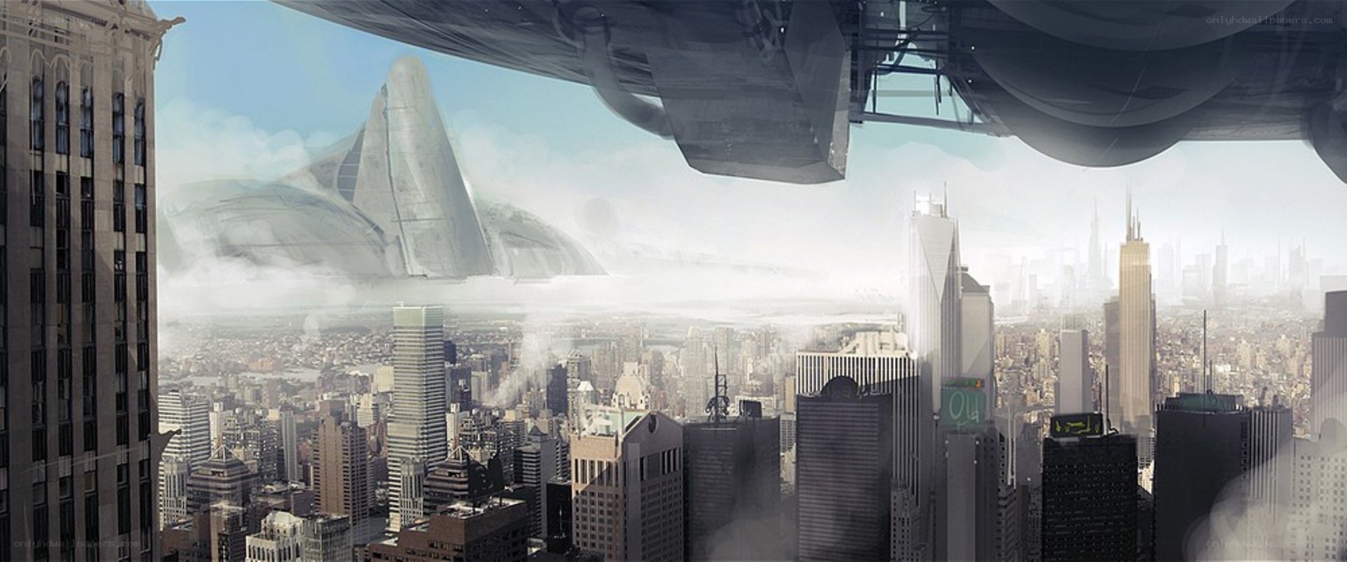 futuristic city with alien ship