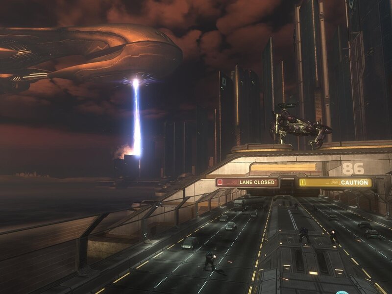 Futuristic city with alien ship