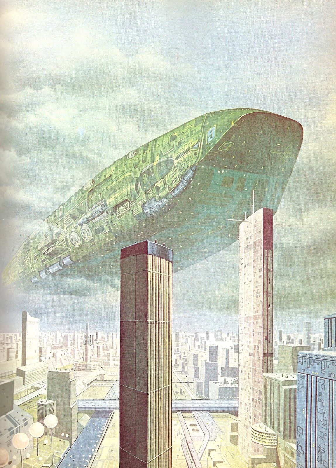 futuristic city with alien ship