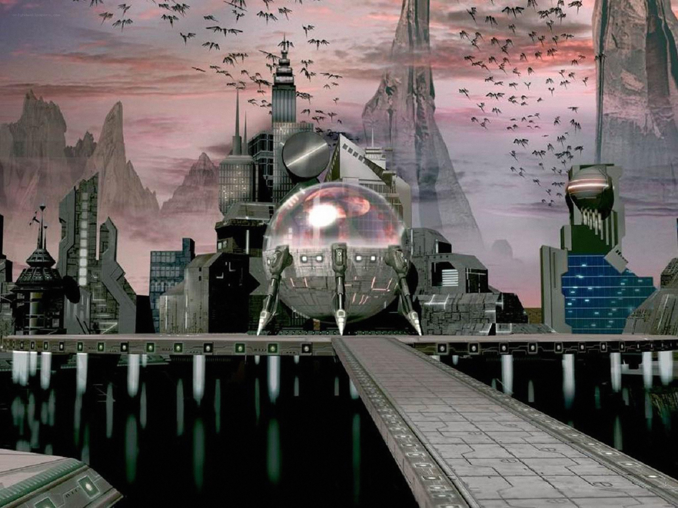 futuristic city with alien ship