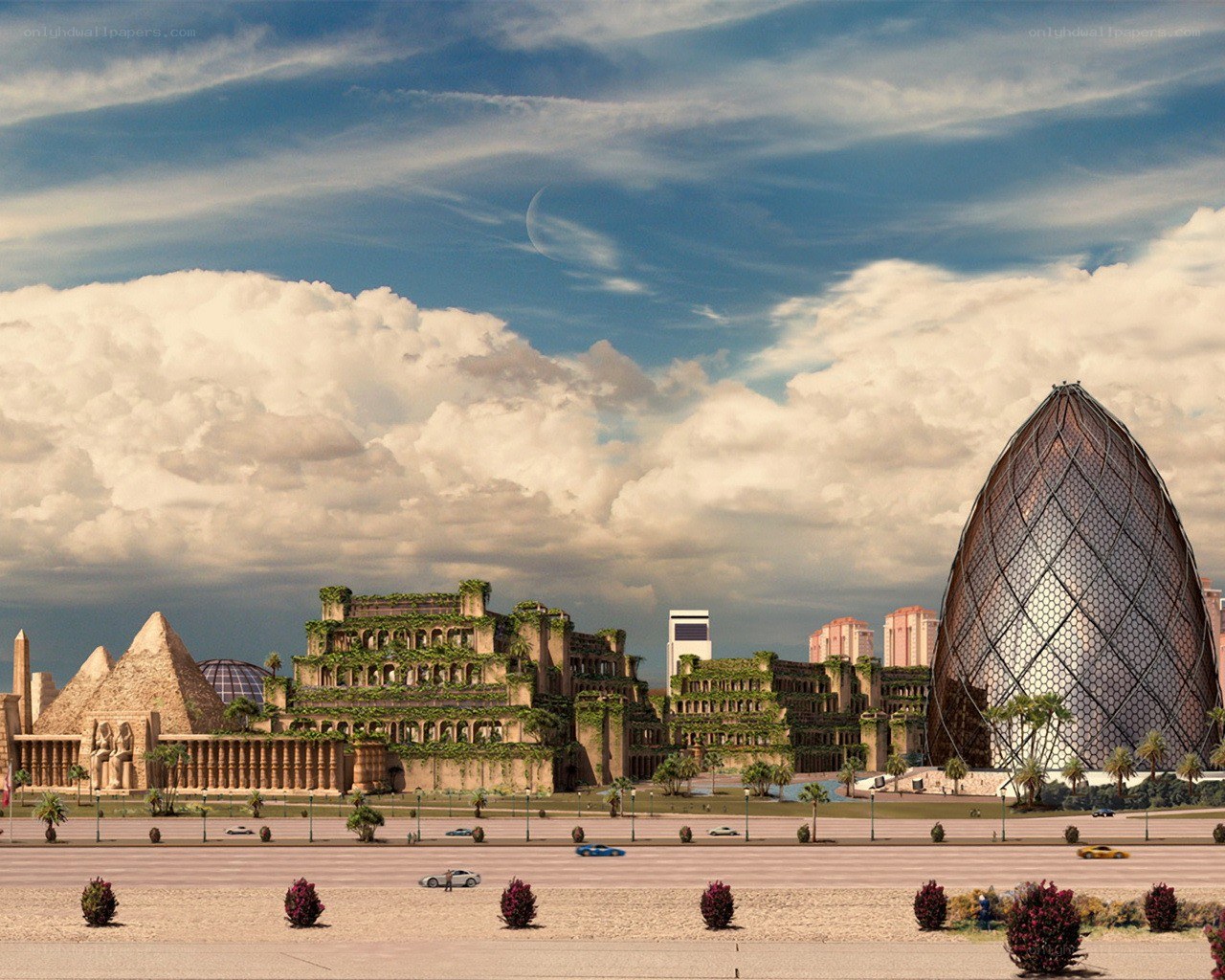 Futuristic city with ancient ruins