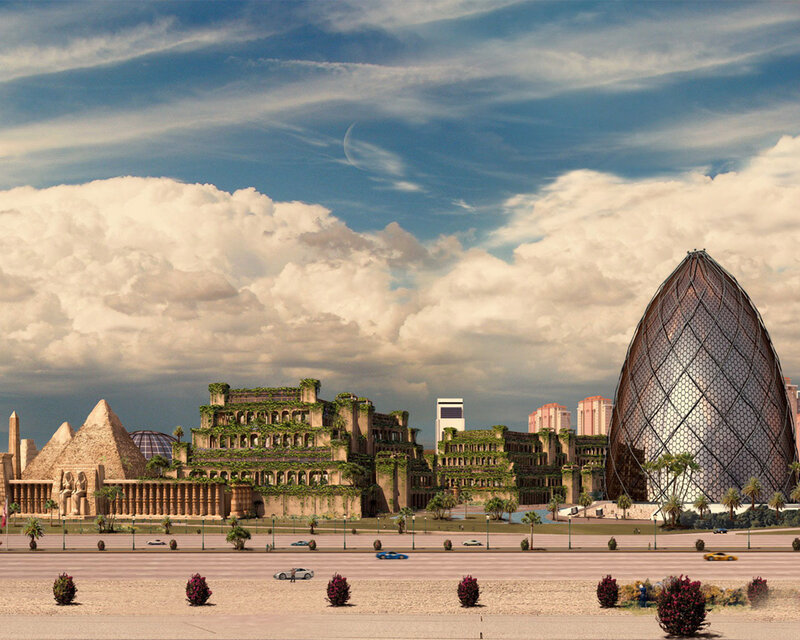 futuristic city with ancient ruins