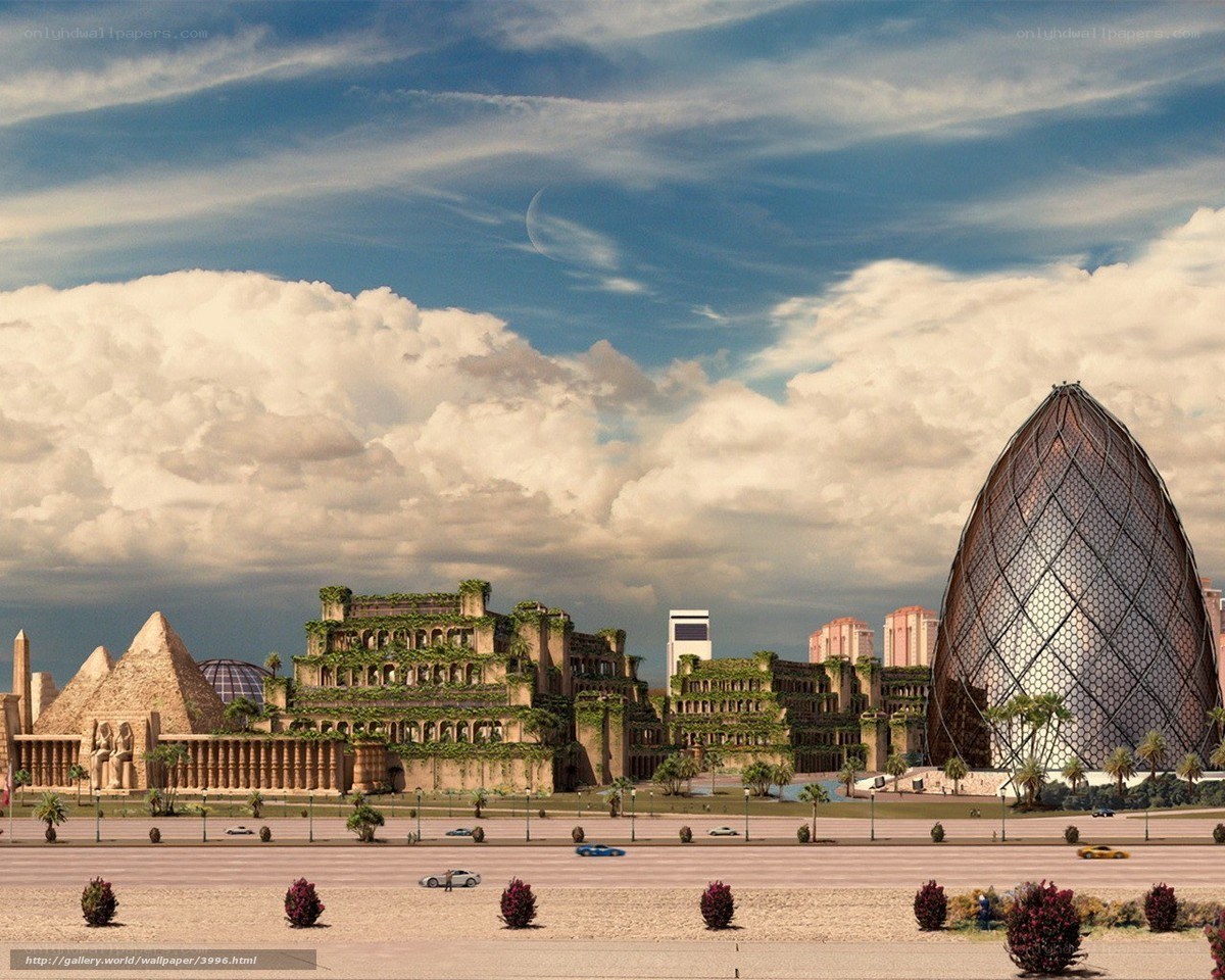 Futuristic city with ancient ruins