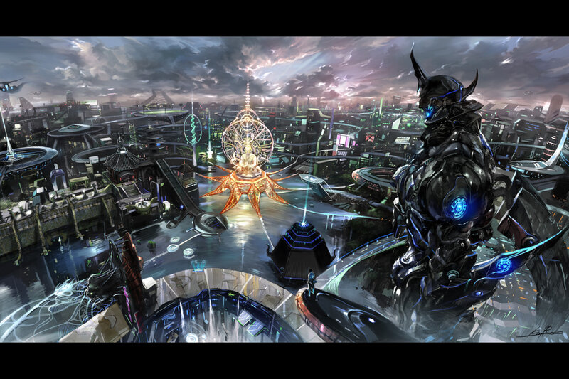 futuristic city with armored figure
