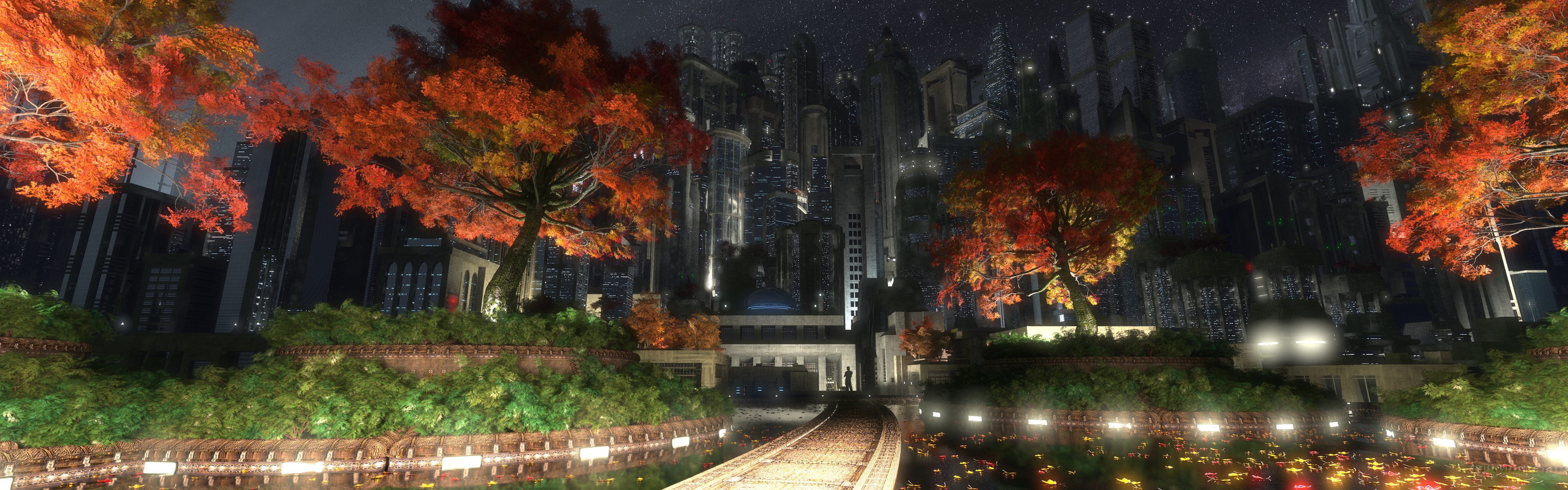 Futuristic city with autumn trees
