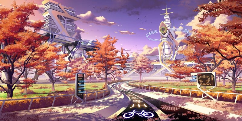 Futuristic City with Autumn Trees — Orange