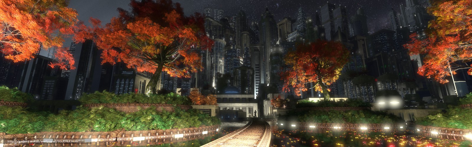 Futuristic city with autumn trees