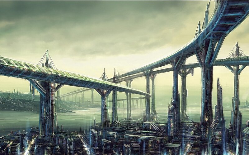 futuristic city with bridges