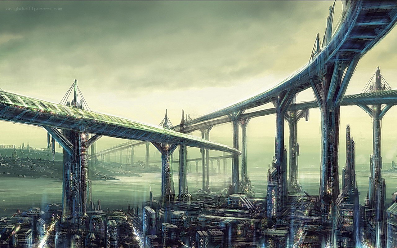 futuristic city with bridges