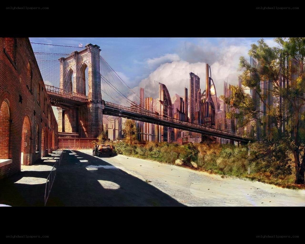 Futuristic city with Brooklyn Bridge