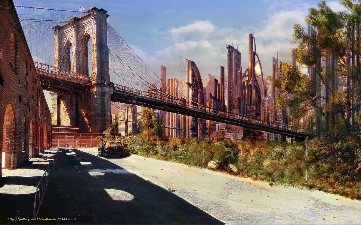 Futuristic city with Brooklyn Bridge