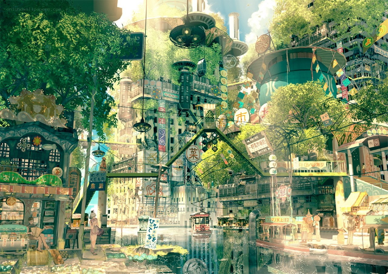 Futuristic city with canals and greenery