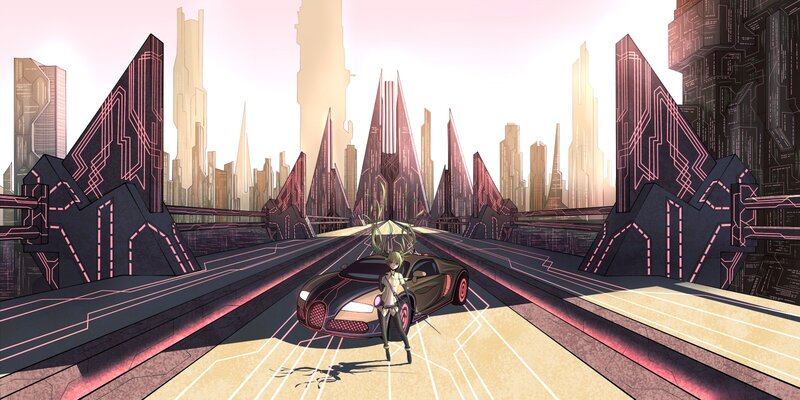 futuristic city with car and character