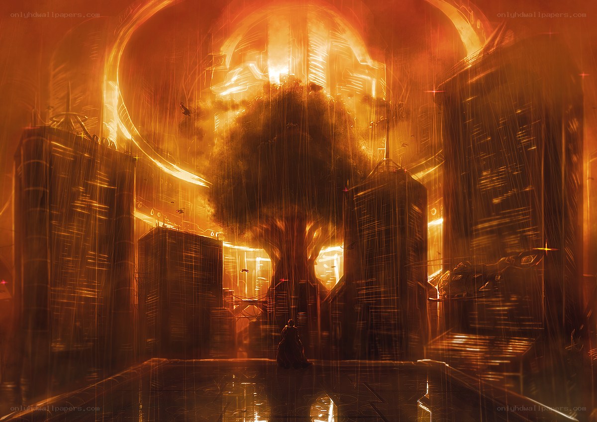 Futuristic city with central tree