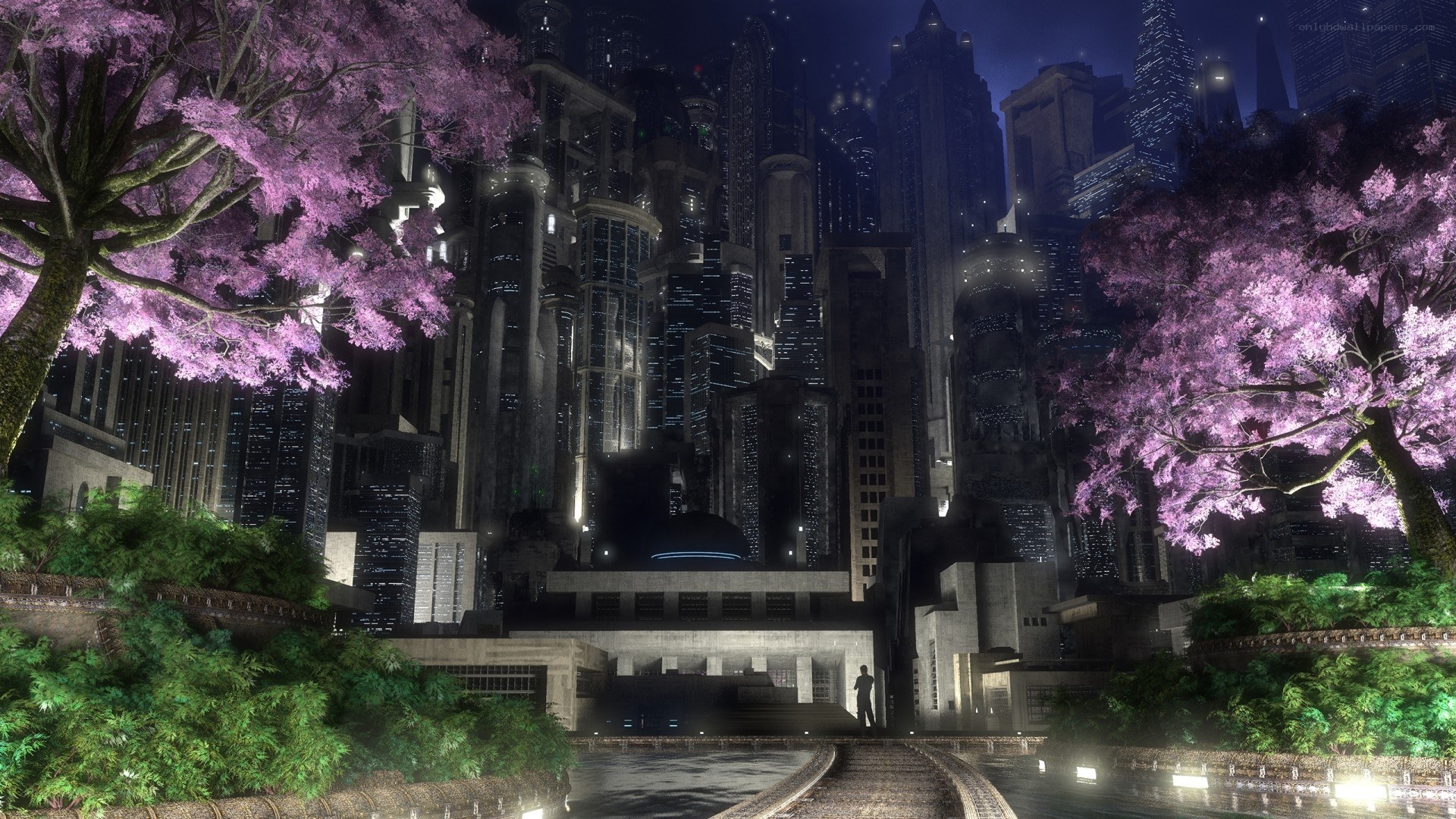 futuristic city with cherry blossoms