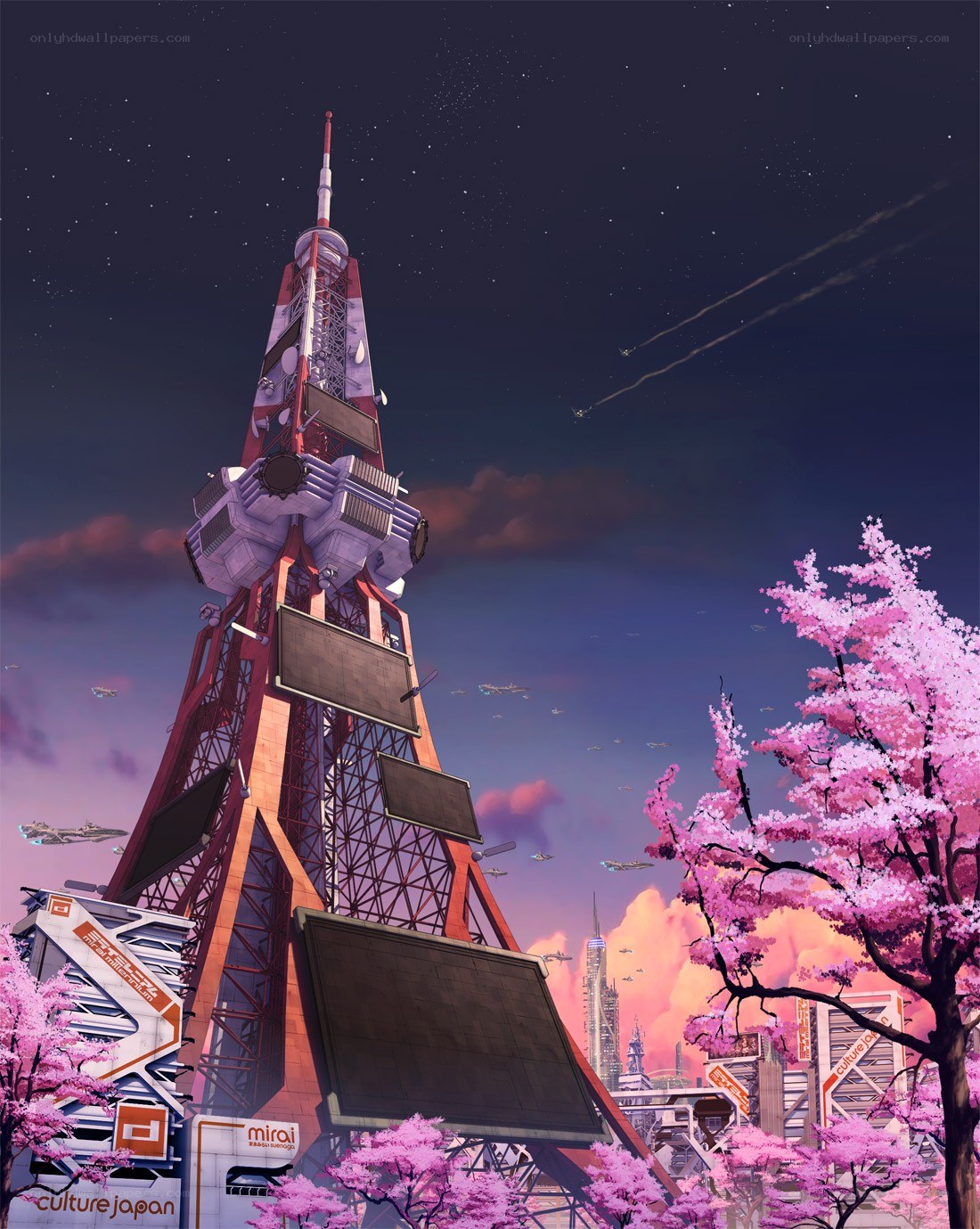 Futuristic city with cherry blossoms