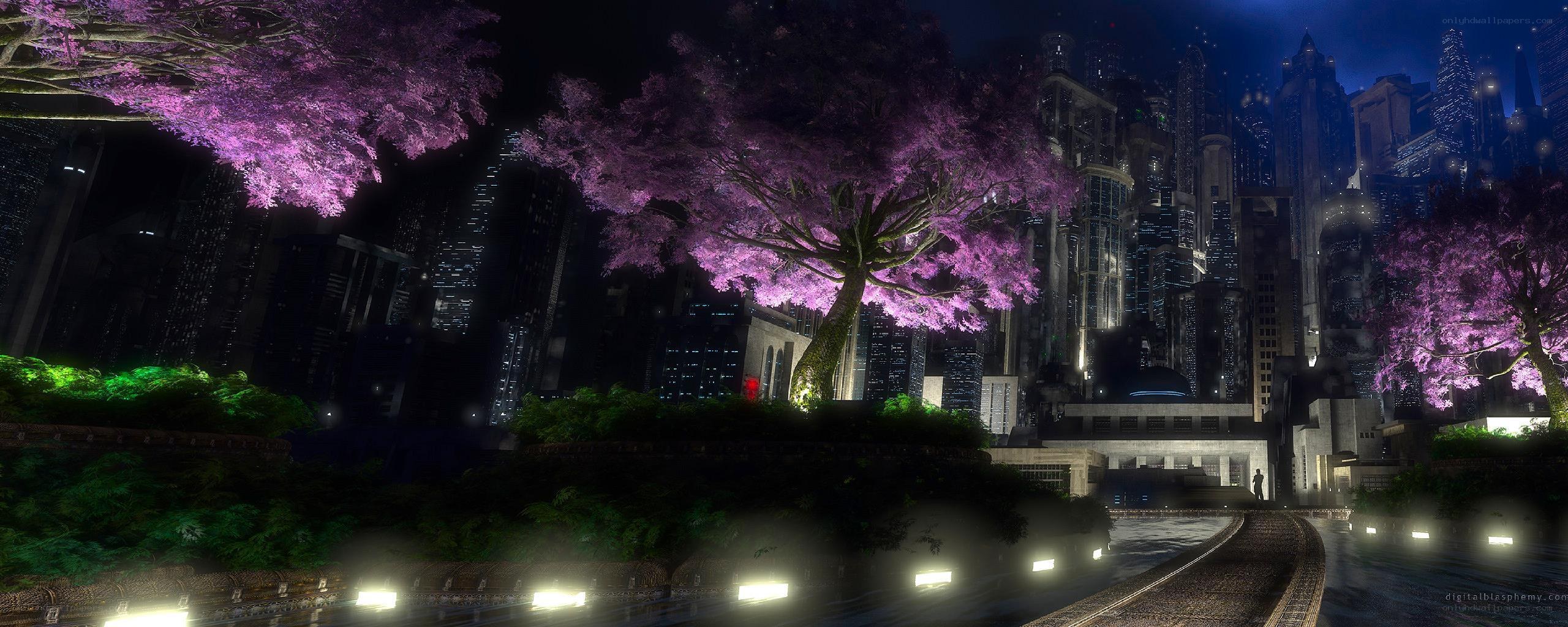 Futuristic city with cherry blossoms