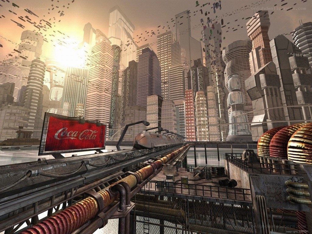 futuristic city with coca-cola sign