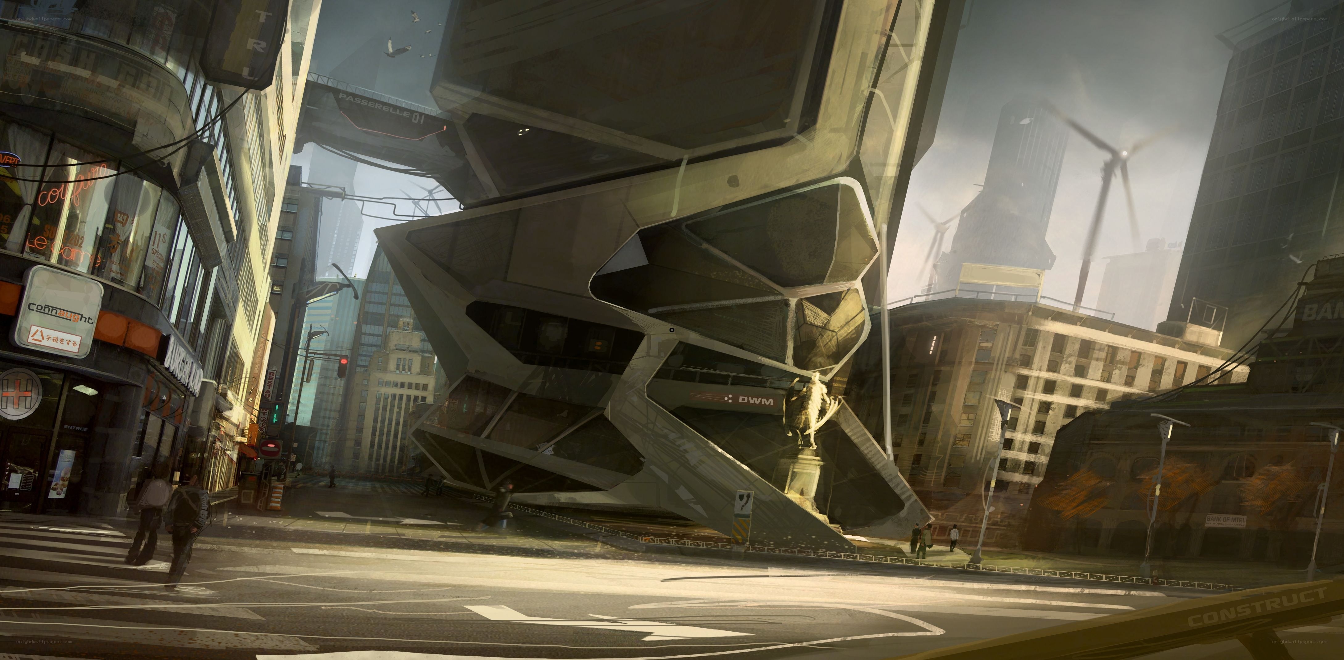Futuristic city with crashed structure