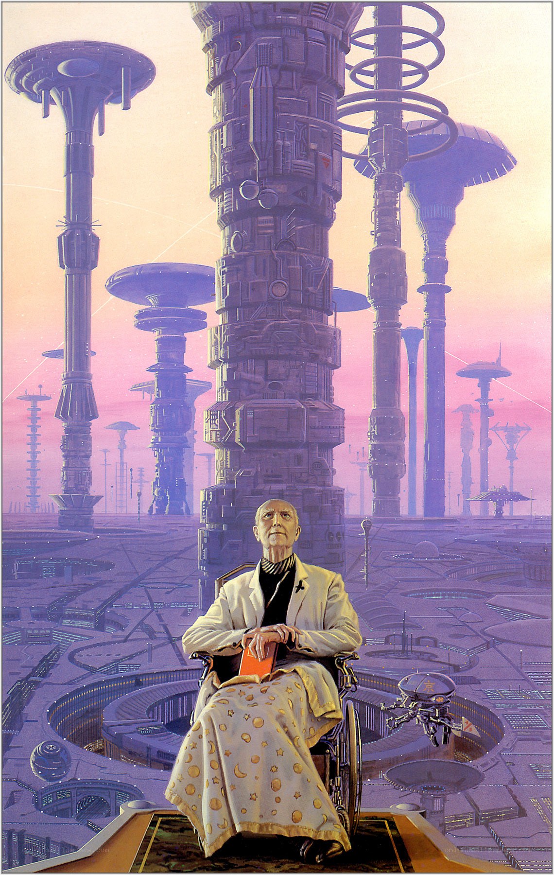 Futuristic city with elderly man