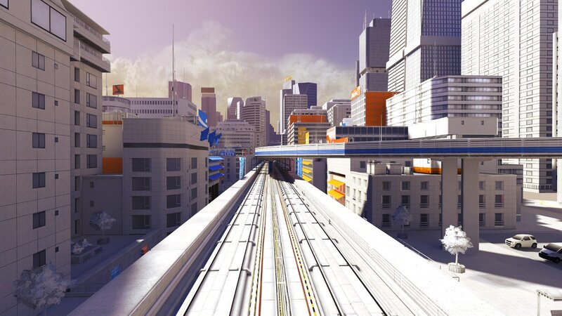 futuristic city with elevated train tracks