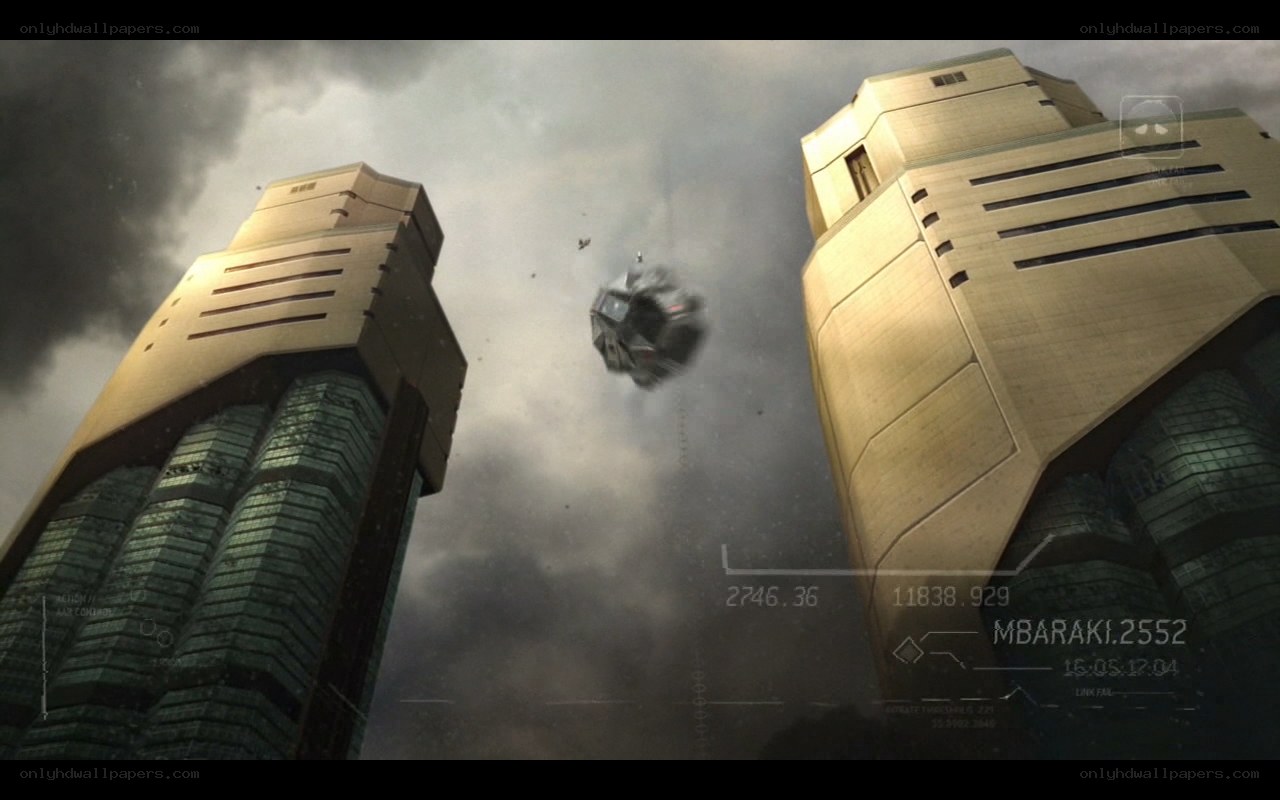 Futuristic city with falling vehicle