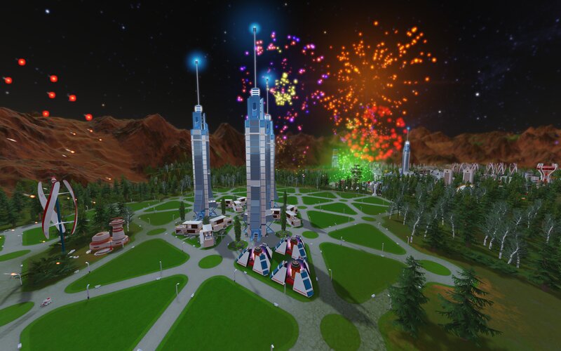 Futuristic City with Fireworks — Green