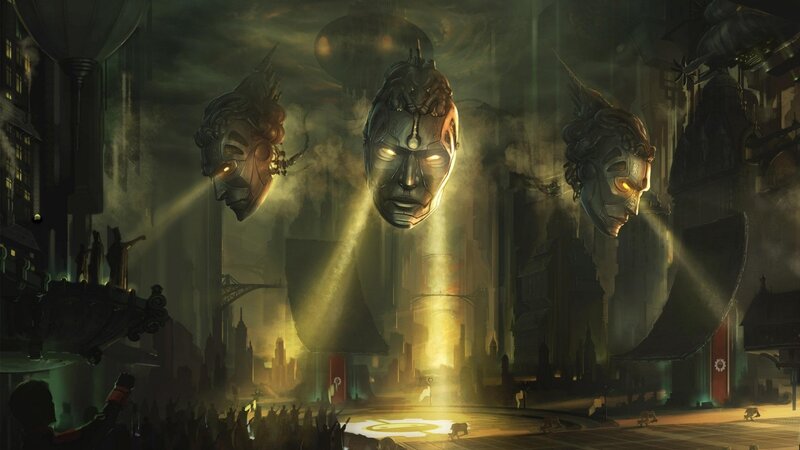futuristic city with floating heads