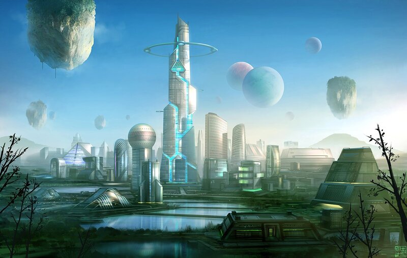 futuristic city with floating planets