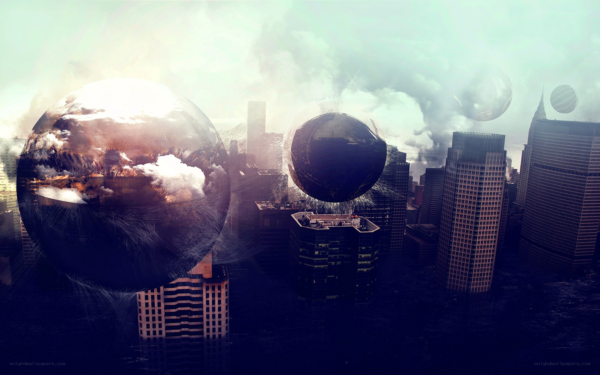 Futuristic city with floating spheres