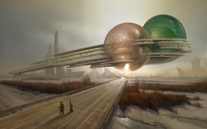 futuristic city with floating spheres