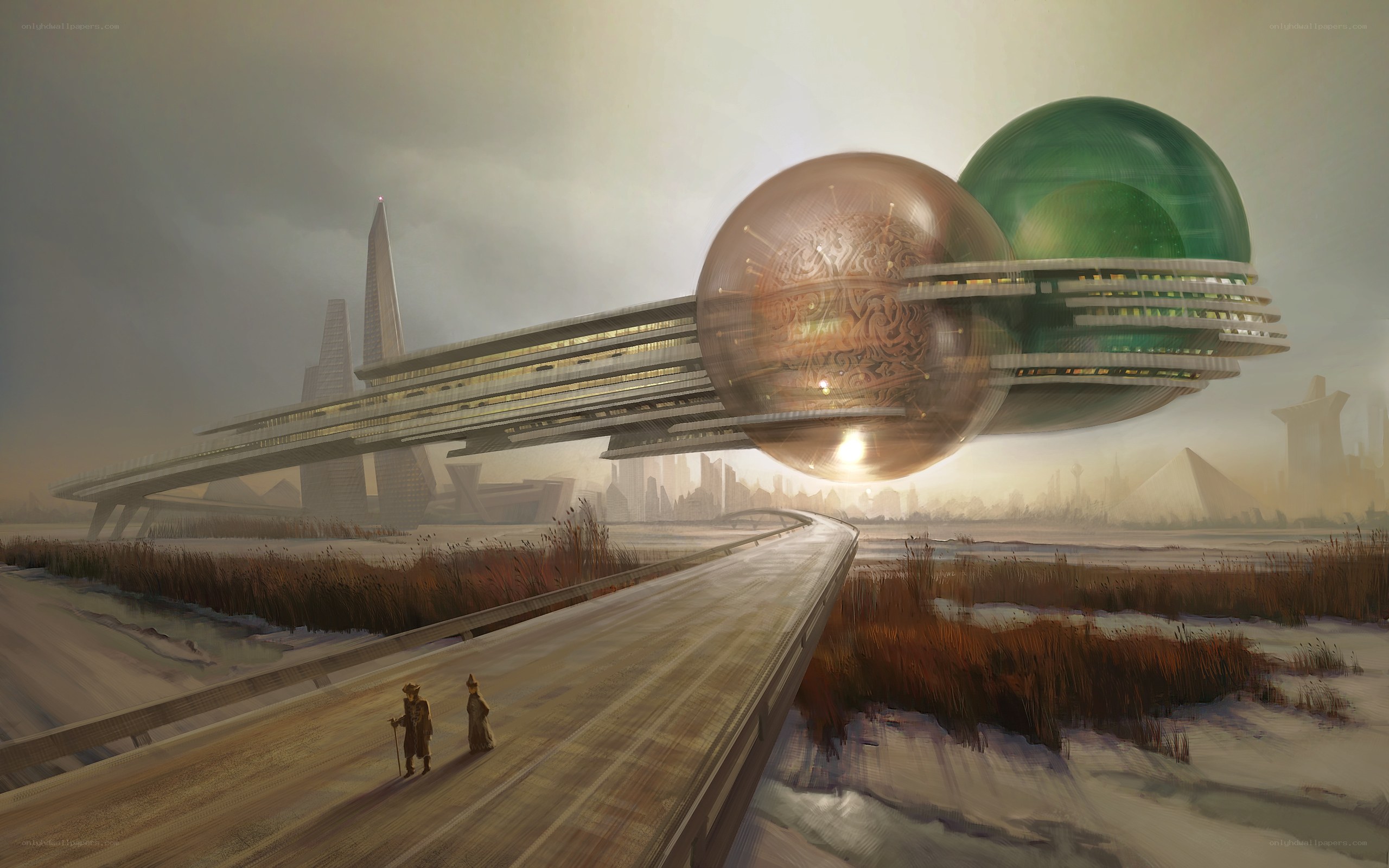 futuristic city with floating spheres