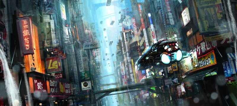 futuristic city with flying car
