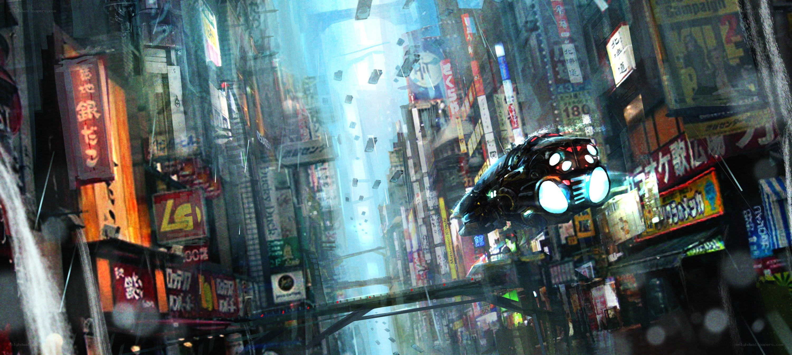 futuristic city with flying car
