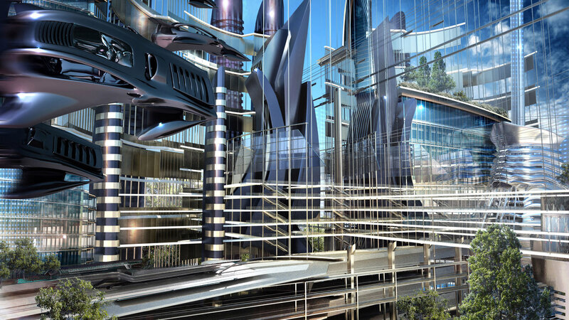futuristic city with flying cars