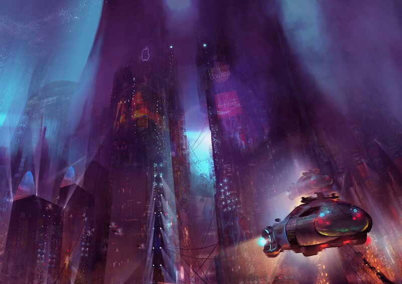 futuristic city with flying cars