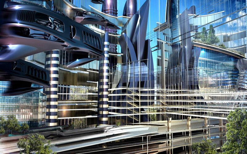 futuristic city with flying cars