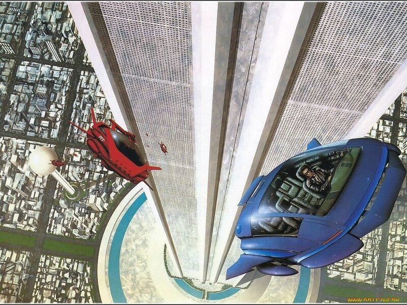 Futuristic city with flying cars
