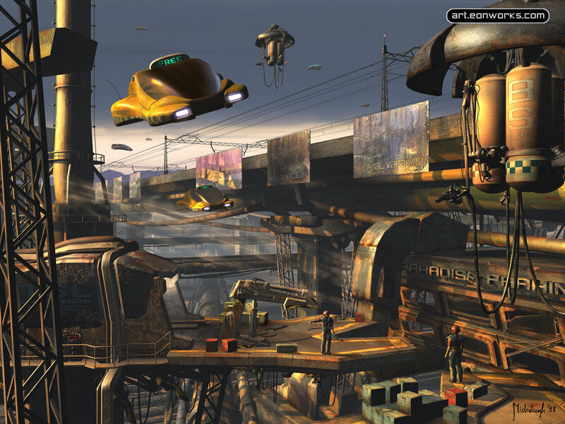 futuristic city with flying cars