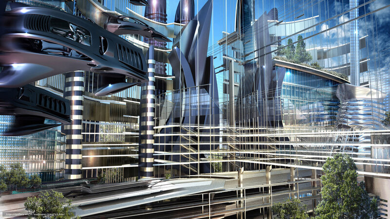 futuristic city with flying cars