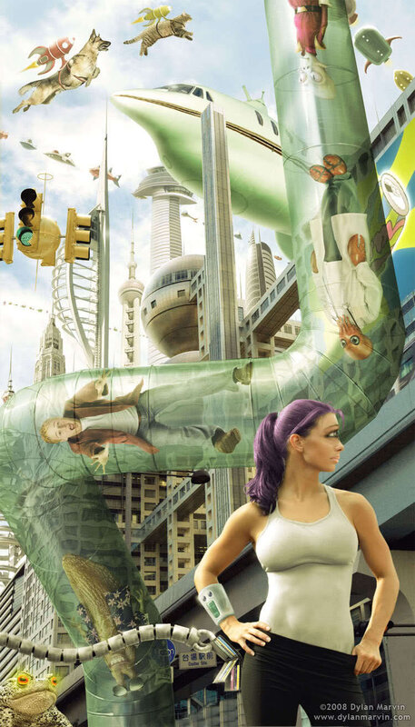 futuristic city with flying creatures