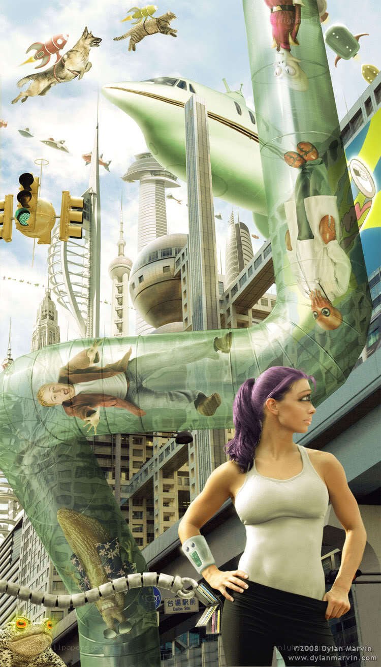 futuristic city with flying creatures