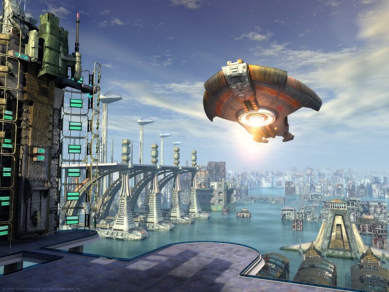 futuristic city with flying ship